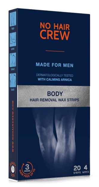A box labeled 'No Hair Crew' for men's body hair removal waxing strips, with a blue and gray design and an image of legs.