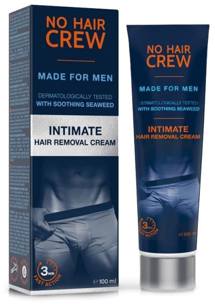 Eine Box und Tube mit Herren-Haarentfernungscreme, blau und orange verpackt, behauptet dermatologisch getestet zu sein und wirkt in 3 Minuten.