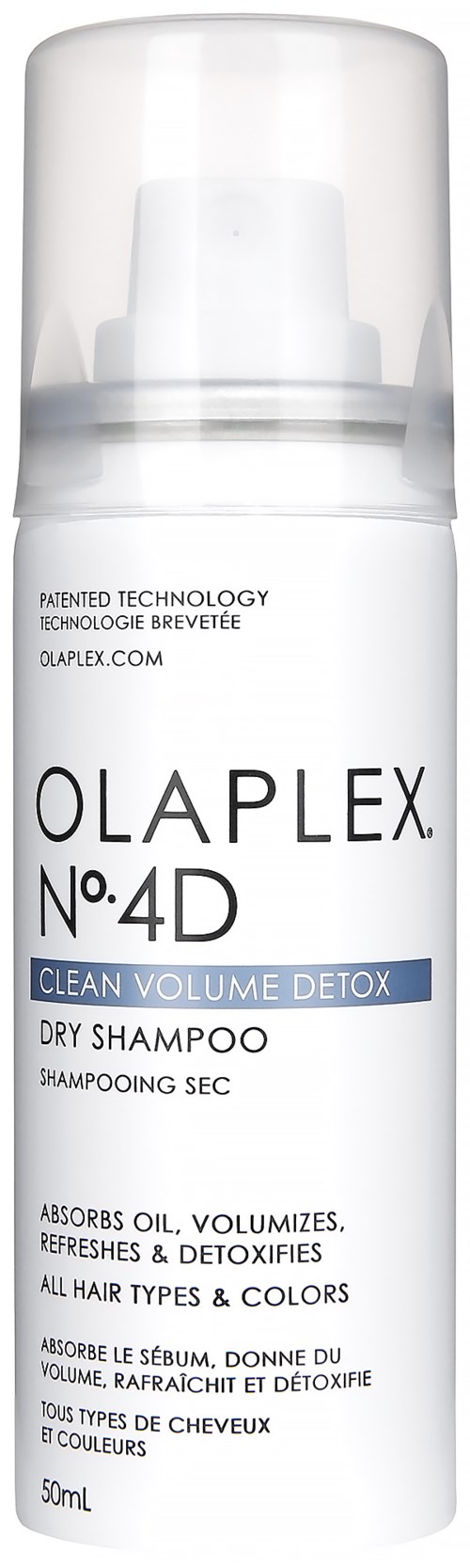 Een witte fles met pomp, gelabeld Olaplex No. 4D Clean Volume Detox droogshampoo, 50 ml.