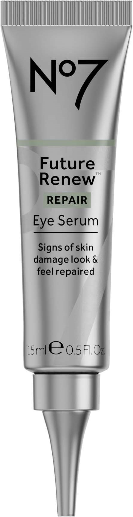 Een zilveren tube oogserum met label 'No7 Future Renew Repair' en 15 ml capaciteit.