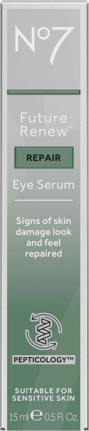 Een lange, slanke doos met No7 Future Renew Repair Eye Serum, die beweert dat ze de huid herstelt, geschikt voor gevoelige huid.