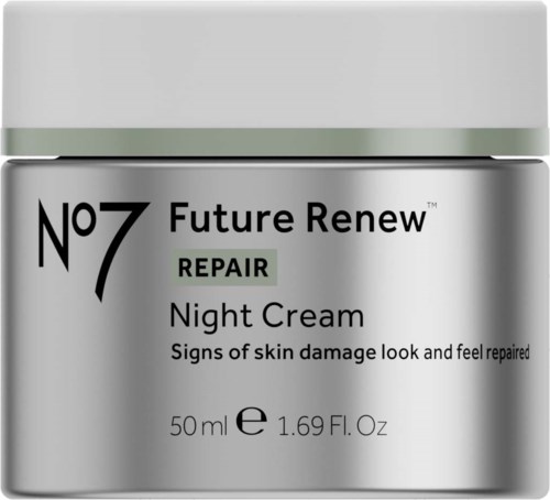 Ein silberner Behälter mit weißem Deckel, beschriftet 'Future Renew Night Cream' für Hautreparatur, 50 ml.