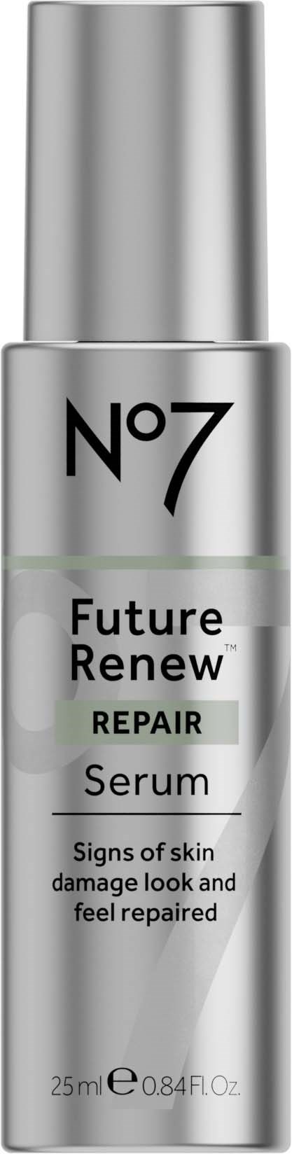 Eine silberne Flasche mit Hautrepair-Serum, No7 Future Renew Repair, 25 ml, verbessert das Aussehen und das Gefühl der Haut.
