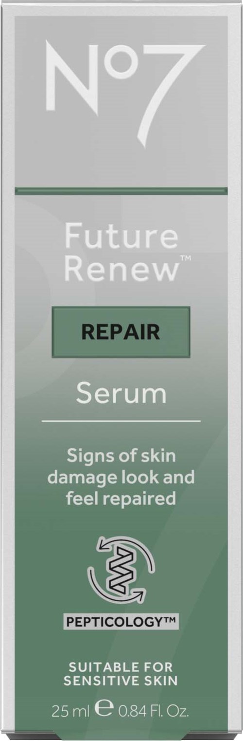 Eine Hautserum-Box mit der Aufschrift No7 Future Renew Repair, geeignet für empfindliche Haut, mit Text zur Hautreparatur und DNA-Symbol.