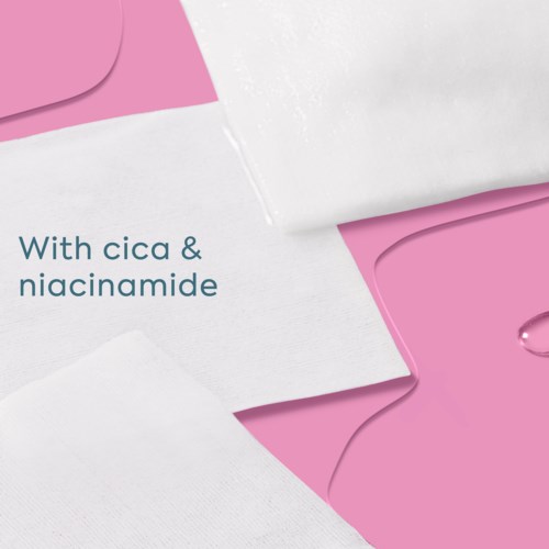 Text über ein Produkt mit Cica und Niacinamid auf rosa und weißem Hintergrund.