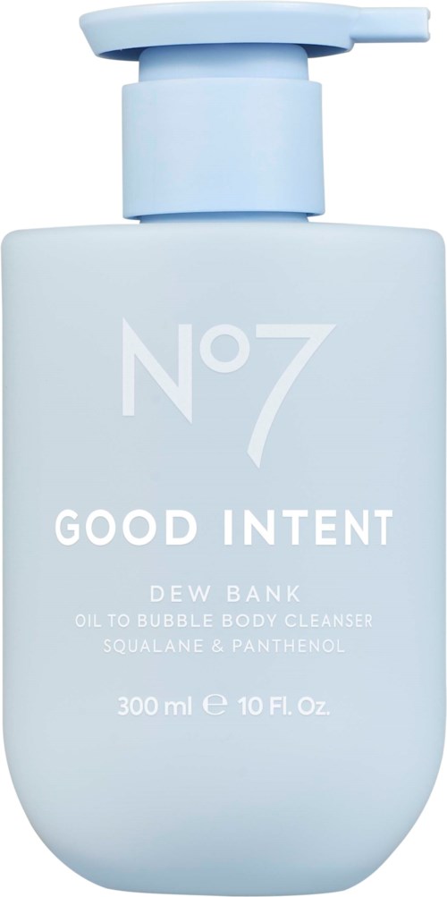 En ljusblå flaska med Dew Bank olja till skum för kroppstvätt med pump, märkt No 7 Good Intent.