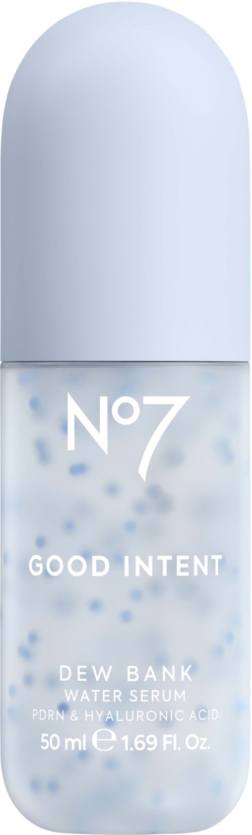 Vit cylindrisk flaska för vattenserum med blå prickar, märkt No7 GOOD INTENT DEW RANK WATER SERUM, 50 ml.