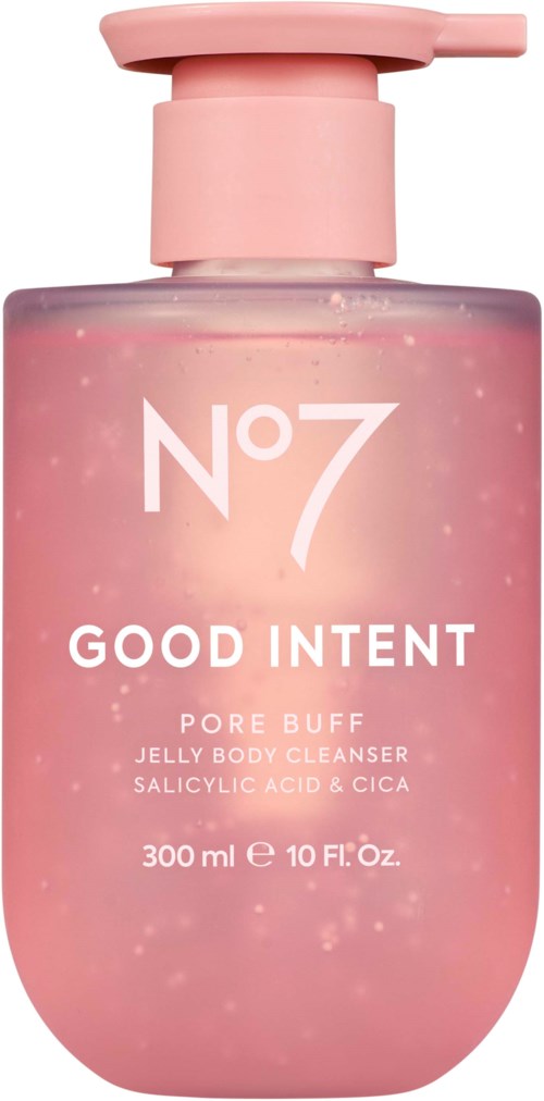 Ljusrosa flaska med pump, No7 Good Intent Pore Buff jelly body cleanser, 300 ml.
