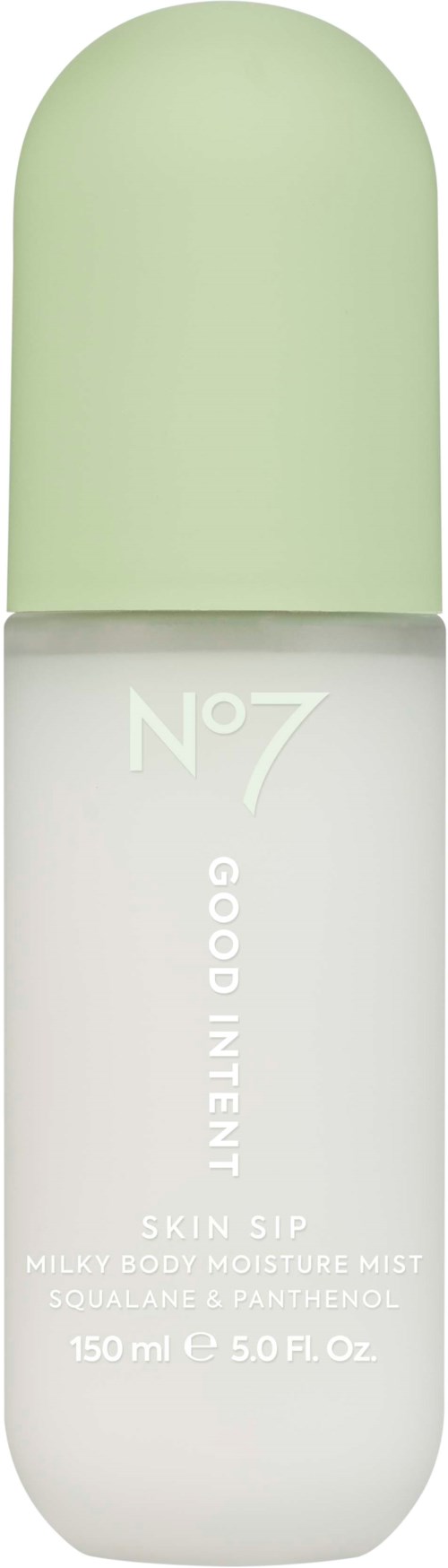 En vit flaska med No7 hudspray och grönt lock, märkt goda avsikter, fuktar huden med squalane och panthenol.