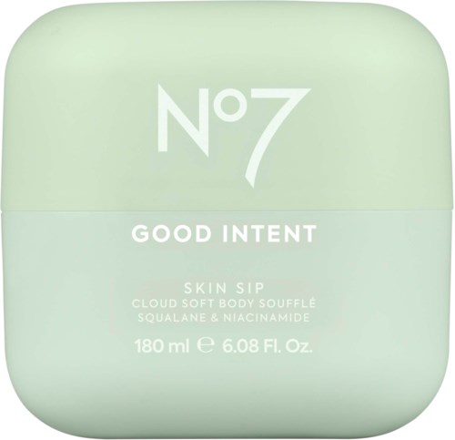 Ljusgrön kompakt med vit text för N°7 Good Intent Skin Sip kroppslotion.