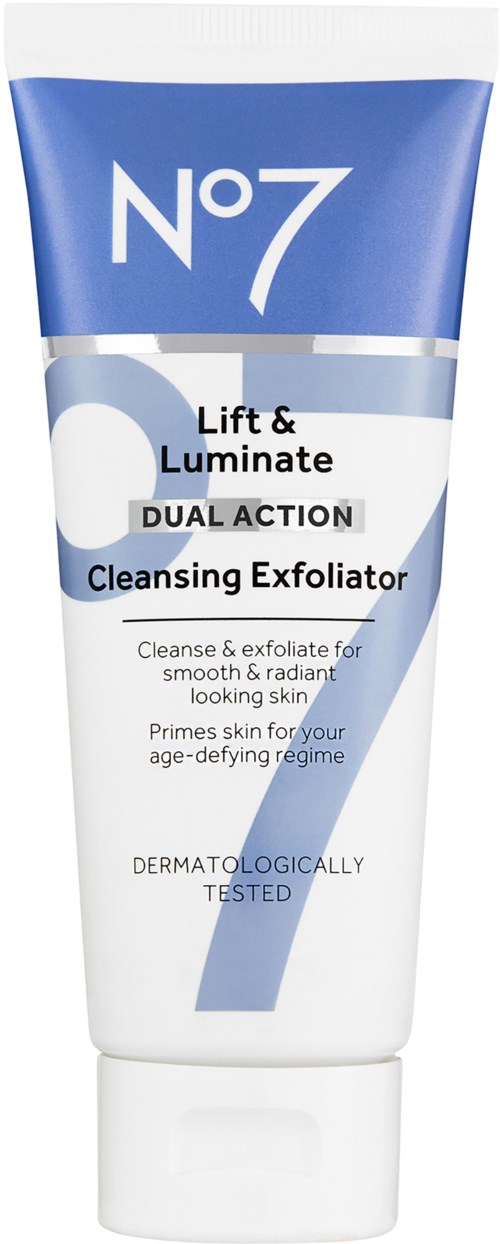 Eine Tube N7 Reinigungsexfoliator mit blauer und weißer Verpackung, hebt doppelte Wirkung für glatte, strahlende Haut hervor.