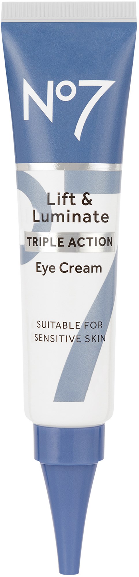 Blauer Tuben mit Augencreme, weißes und silbernes Etikett, steht 'No7 Lift & Luminate'. Für empfindliche Haut geeignet.