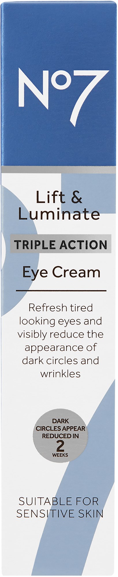 Eine Schachtel mit Augencreme namens No7 Lift & Luminate, die Vorteile und Eignung für empfindliche Haut beschreibt.