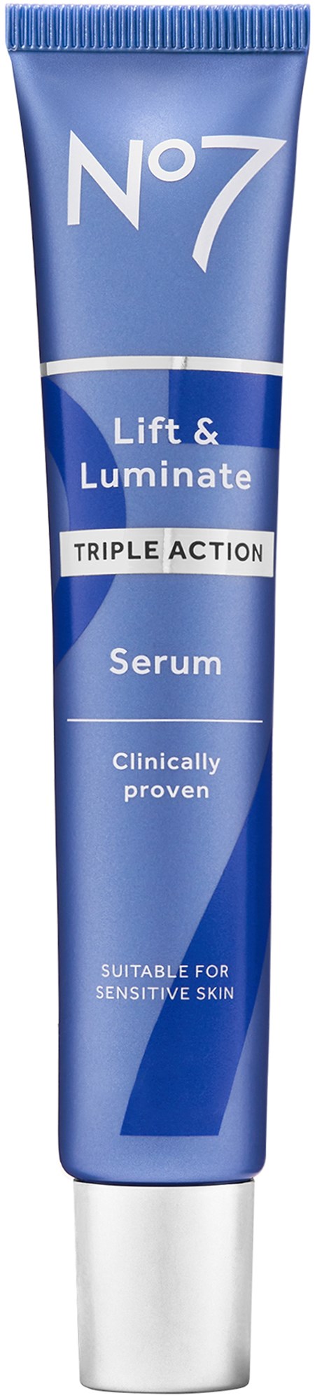 Blauer Tuben mit Hautserum No7 Lift & Luminate, sagt 'Triple Action' und 'Clinically Proven', geeignet für empfindliche Haut.