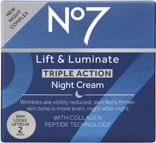 Blauwe doos voor No7 nachtcrème, vermeldt lifting, verminderen rimpels, collageen, zeer eenvoudig ontwerp.