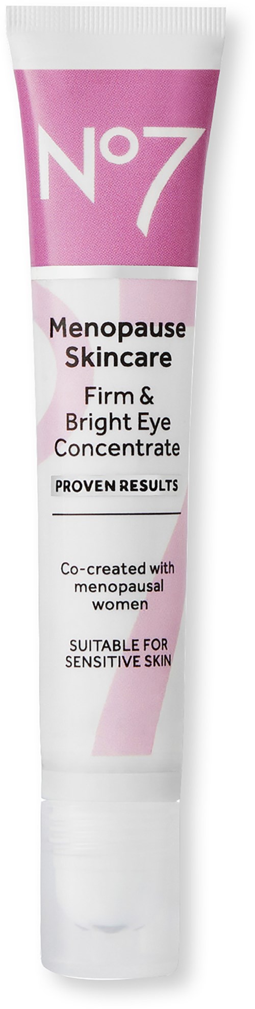 Eine Tube Hautpflegecreme mit der Aufschrift No7 Menopause Skincare, für helle Augen, geeignet für empfindliche Haut.