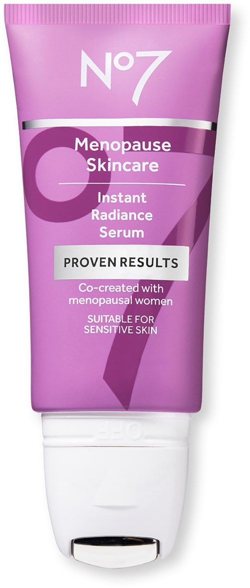 Eine pinke Tube mit Menopause-Hautserum, weißer und lila Beschriftung, geeignet für empfindliche Haut und bewiesene Ergebnisse.
