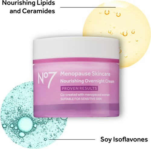 Een potje van No7 menopauze verzorgingscrème voor gevoelige huid, met illustraties van bellen en olie druppels.
