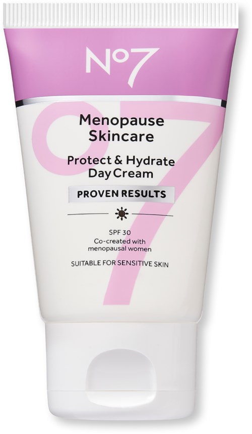 Eine Tube Hautpflegecreme mit der Aufschrift 'Menopause Skincare Protect & Hydrate Day Cream' mit SPF 30, geeignet für empfindliche Haut.