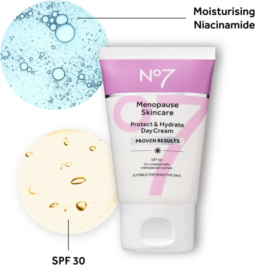 Zeigt eine Tube mit Menopause-Hautcreme mit SPF 30 und zwei Kapseln, blau und gelb, im Hintergrund.
