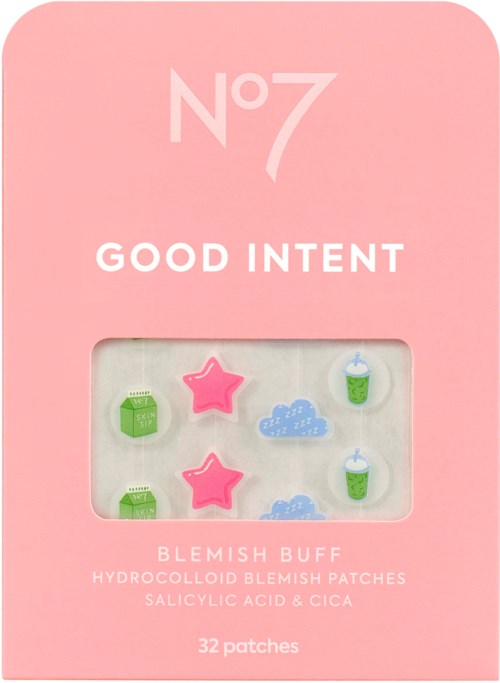 Rosa förpackning med fönster som visar hydrocolloidic Acne patches, stjärn- och molnformade, märkt Blemish Buff, 32 plåster.