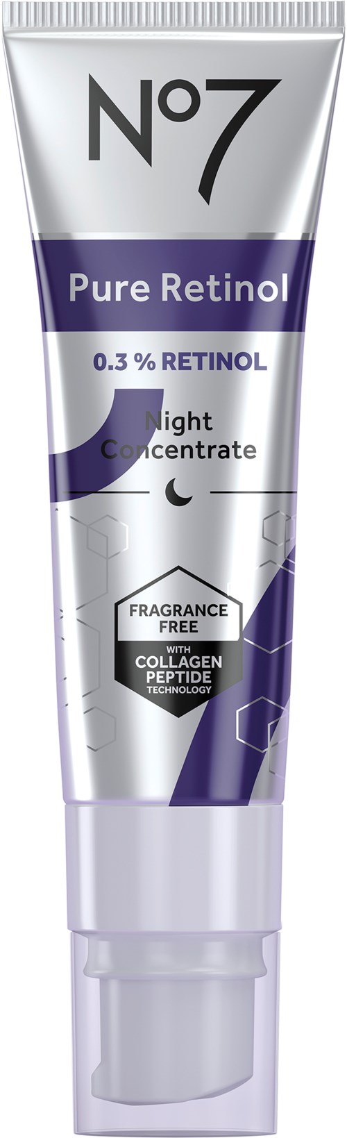 Een tube huidverzorgingsproduct met label No7, met informatie over retinol, geurvrij en collageenpeptiden.