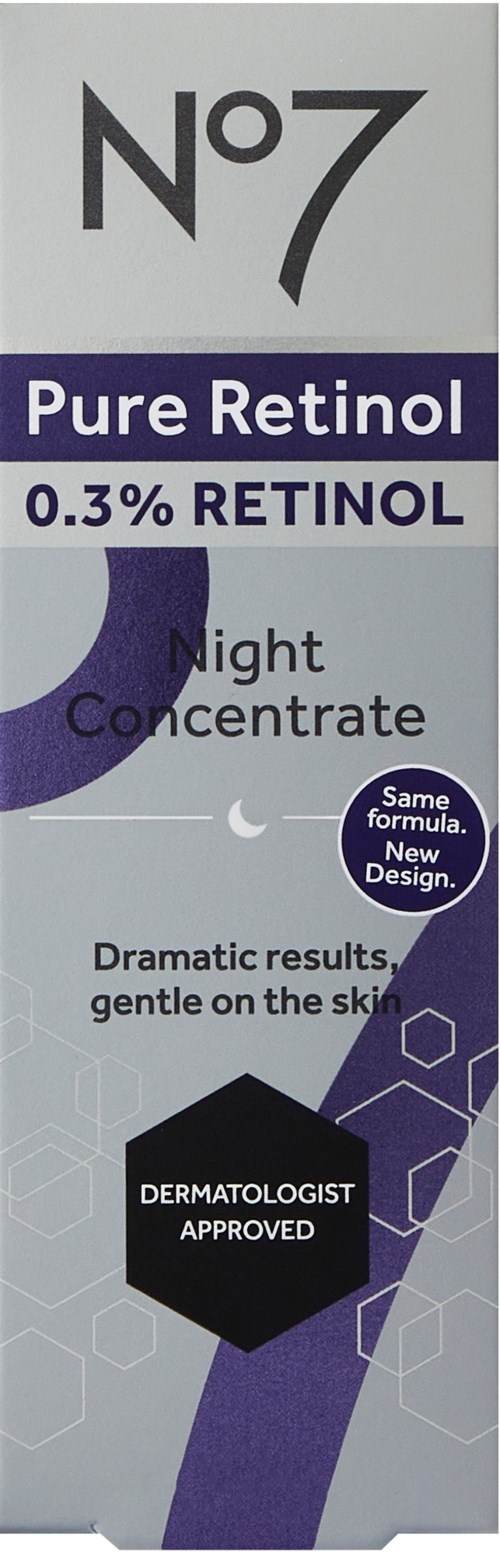 Een huidverzorgingsproductdoos met label No7 Pure Retinol Night Concentrate met 0,3% Retinol, belooft dramatische resultaten, zacht voor de huid.