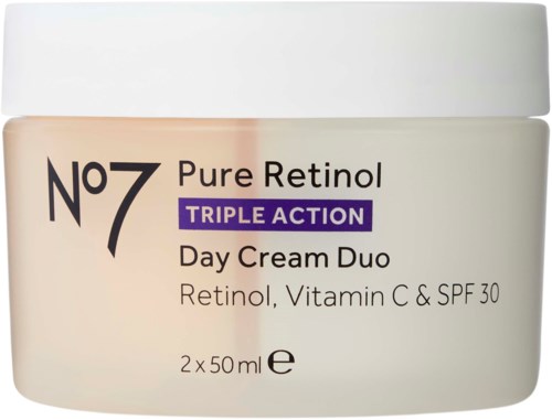 Ein Cremetopf mit der Aufschrift No7 Pure Retinol, Triple Action, Day Cream Duo, mit Retinol, Vitamin C und SPF 30.