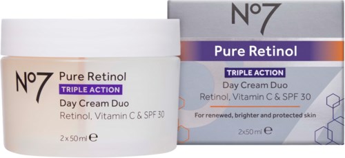 Ein Glas und eine Packung No7 Pure Retinol Day Cream Duo für bessere, hellere Haut mit SPF 30.