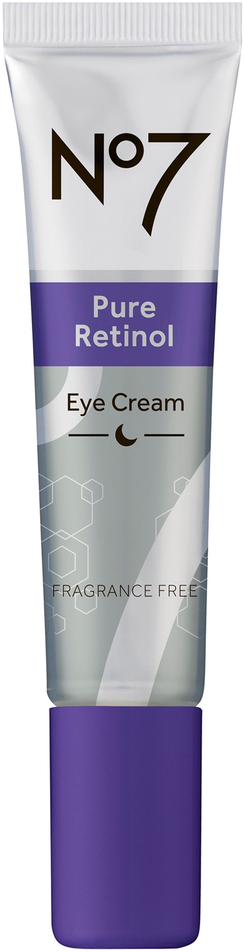 Eine Tube Augenschutzcreme mit der Aufschrift No7 Pure Retinol, parfumfrei, mit lila Deckel.