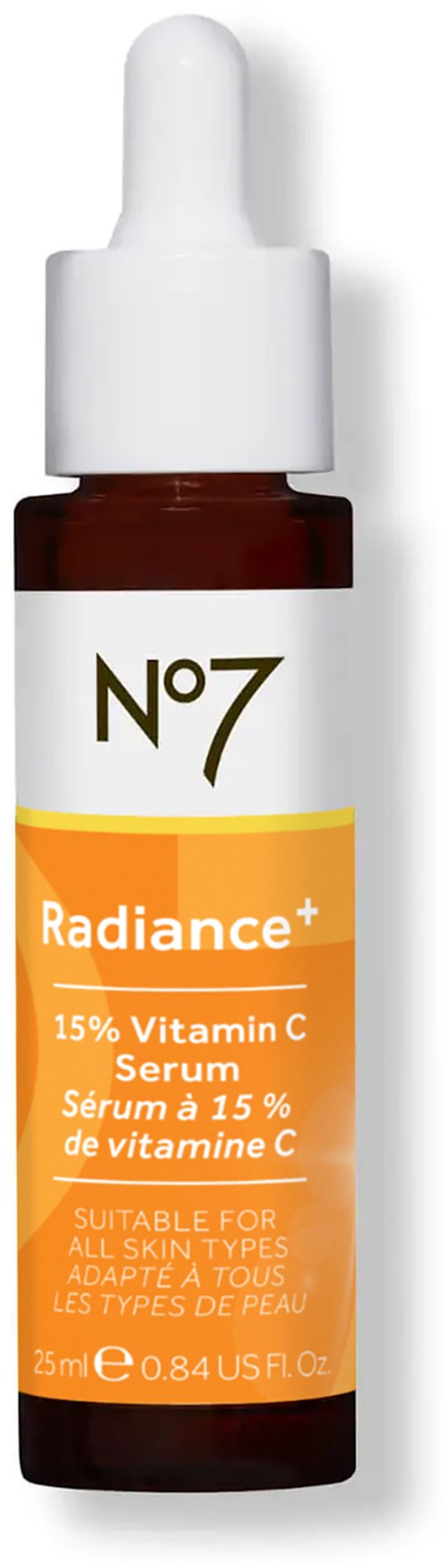 Kleine bruine fles met witte pipet, label No7 Radiance+ vitamine C serum, geschikt voor alle huidtypes.