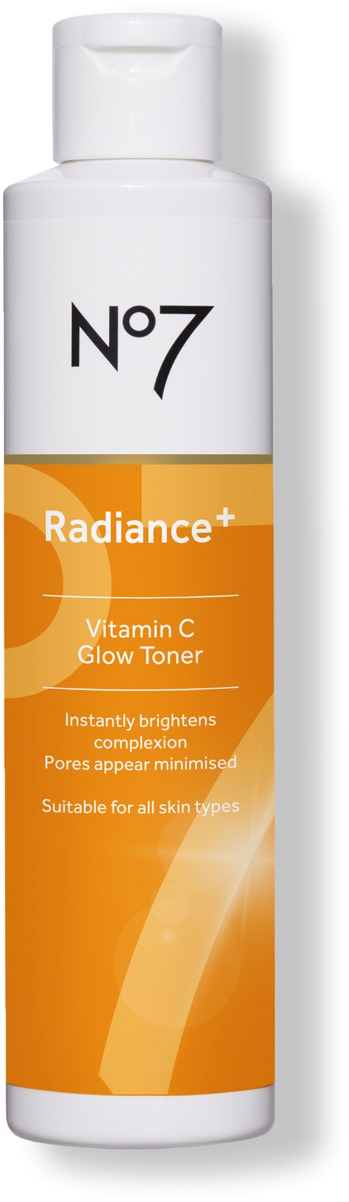 Een witte fles met oranje label, zegt No7 Radiance+ Vitamin C Glow Toner, geschikt voor alle huidtypes.