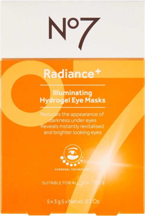 Verpakking voor No7 Radiance+ verhelderende hydrogel-oogmaskers, oranje en wit, vermeldt het verminderen van donkerheid en het opklaren van de ogen.