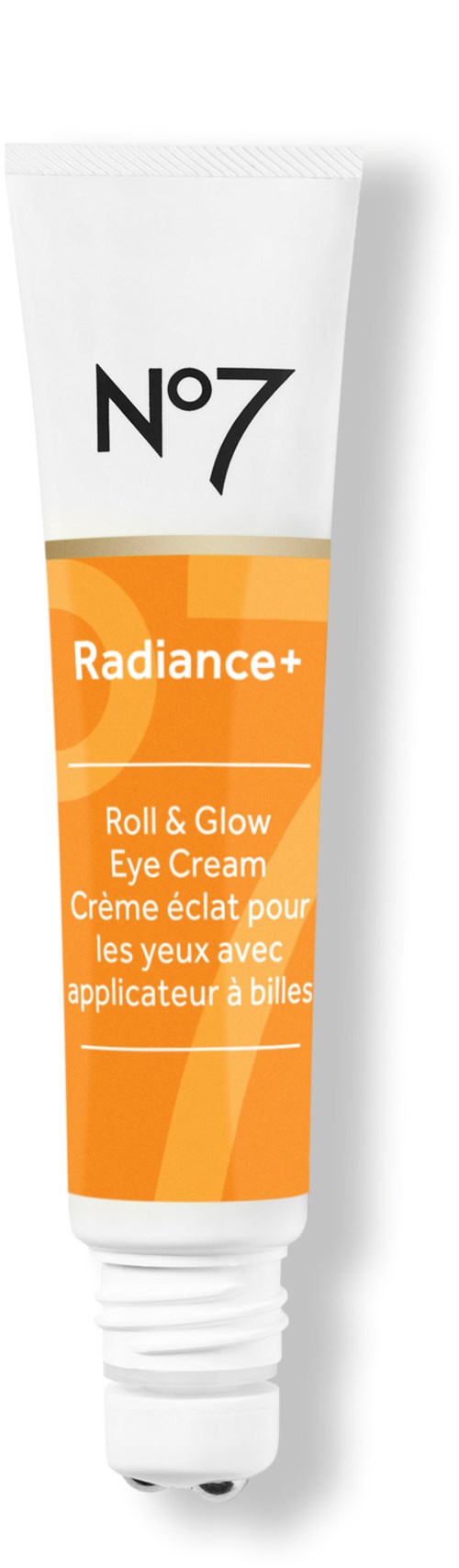 Een tube van No7 Radiance+ Oogcrème, ontworpen voor rollen en stralen rondom de ogen.