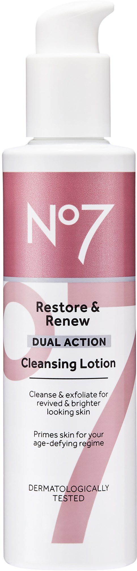 Een witte fles met pomp, roze en witte labeltekst over huidverzorging en vernieuwing.