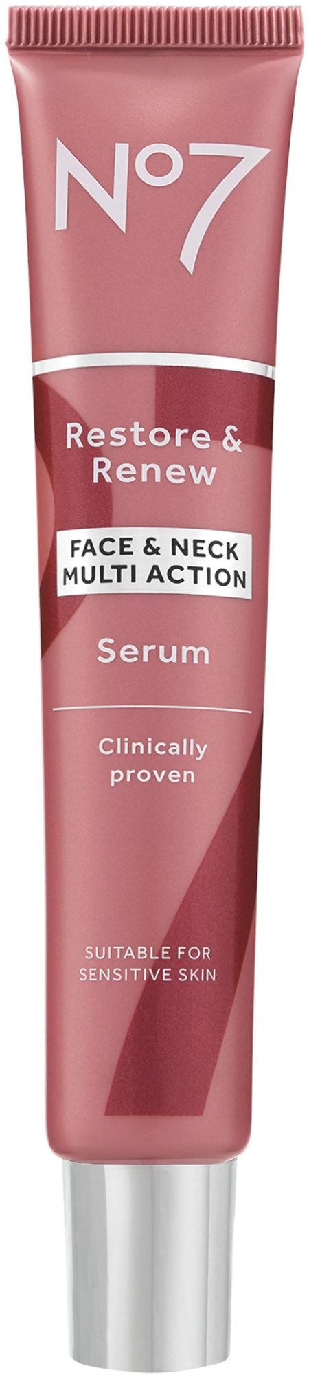 Rote Tube mit Serum genannt No7 Restore & Renew für Gesicht und Hals, geeignet für empfindliche Haut.