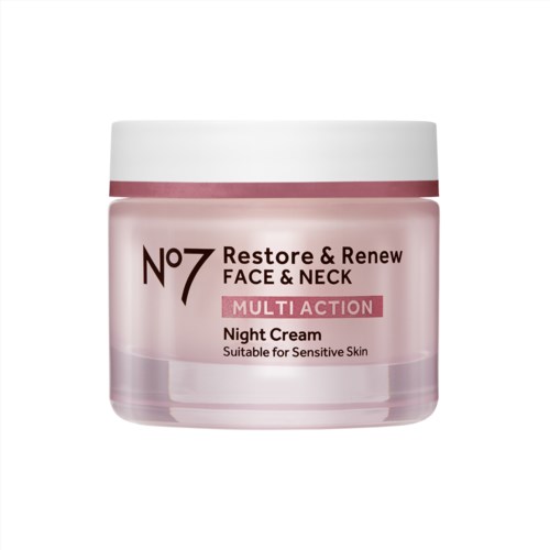 Roze potje met nachtcrème voor gezicht en hals, witte deksel, gemarkeerd 'No7 Restore & Renew'. Geschikt voor gevoelige huid.