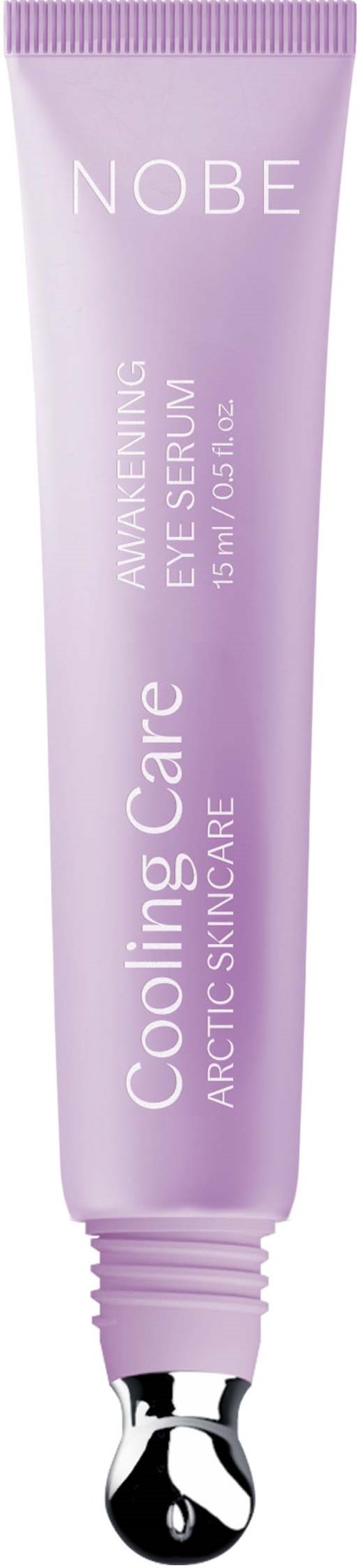 En lila tub med hudvårdsprodukt som heter NOBE, märkt 'Cooling Care' och 'Awakening Gel Serum'.