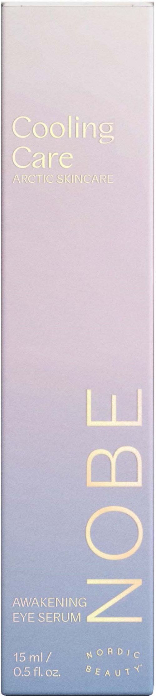 En lång, ljuslila låda märkt 'Cooling Care' med ytterligare text om 'Awakening Eye Serum' och märkesnamn.