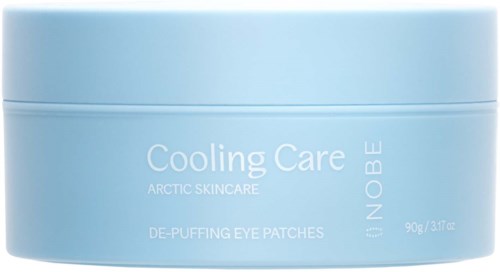 A blue jar of eye patches labeled 'Cooling Care' with white text, indicating skincare for cooling and de-puffing.