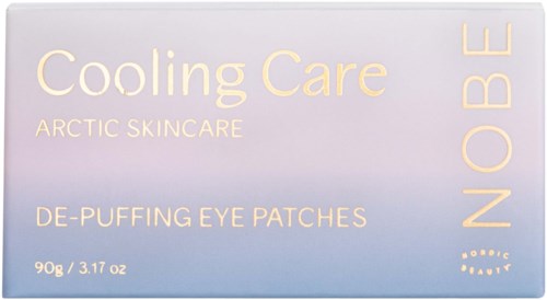 A box of eye patches labeled 'Cooling Care' and 'Arctic Skincare' designed to reduce puffiness around eyes.