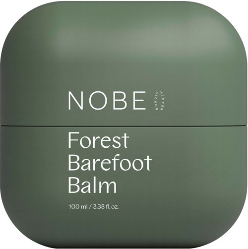 En grön burk märkt 'NOBE Forest Barefoot Balm' med vit text, visar en kosmetisk produkt.