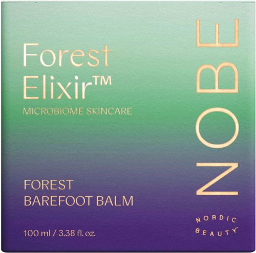 En förpackning för hudvårdsprodukter märkt 'Forest Elixir' i blå och gröna färger, för fötter, 100 ml storlek.