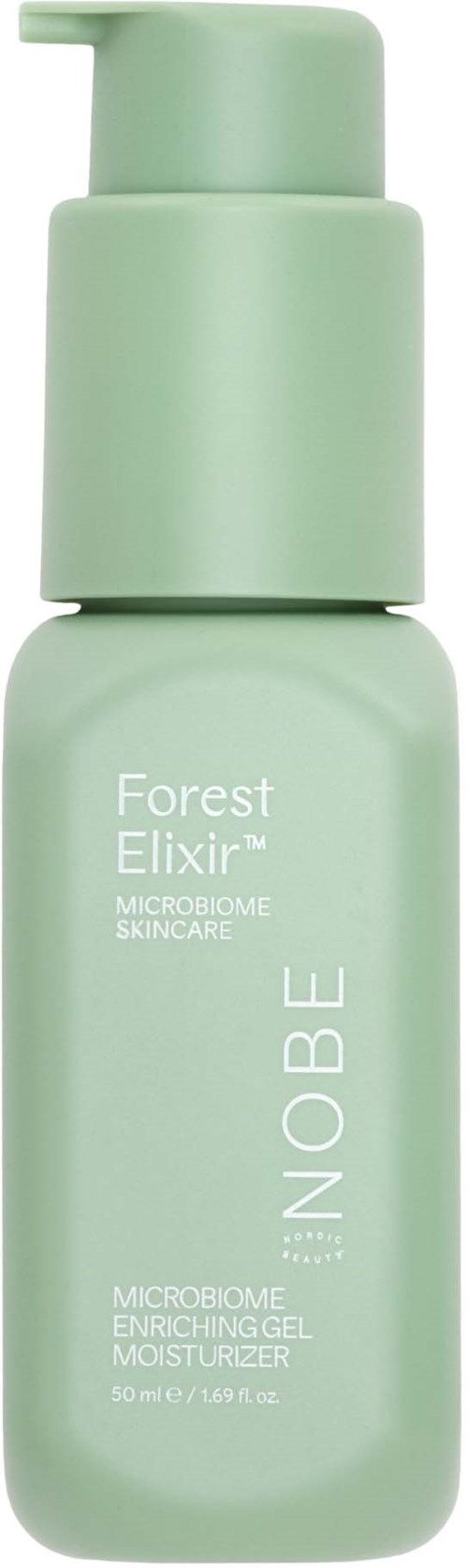 En grön flaska med pump, märkt 'Forest Elixir' för hudvård, innehåller probiotisk berikande gel-kräm.