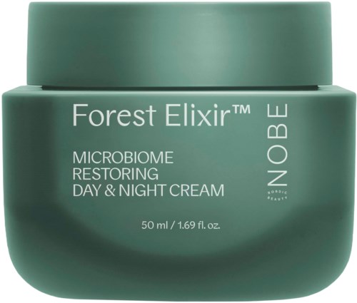 En grön burk märkt Forest Elixir, för mikrobiomåterställande dag- och nattkräm, 50 ml.