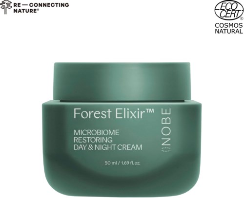 En grön burk märkt 'Forest Elixir' innehåller mikrobiom återställande dag- och nattkräm.