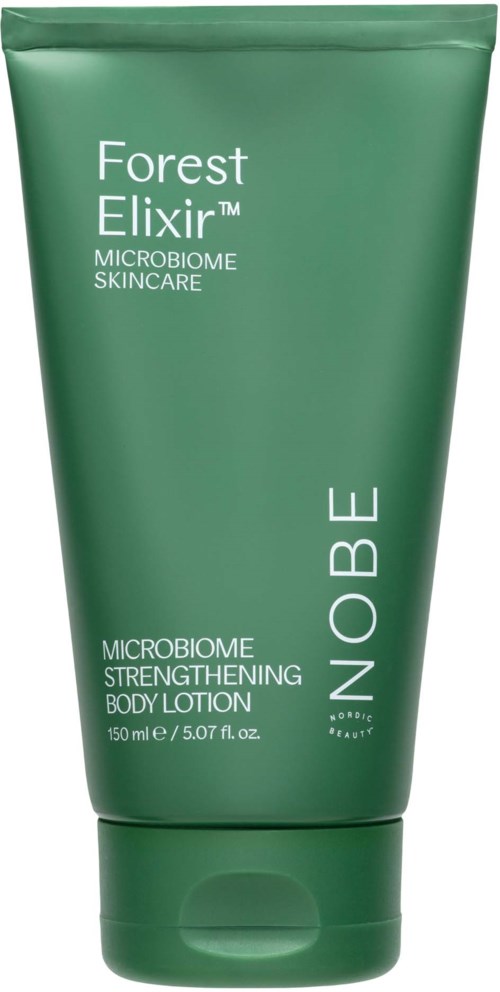 Grön tub märkta Forest Elixir, mikrobiom hudvård, kroppslotion, 150 ml kapacitet.