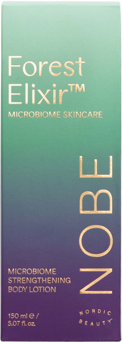 En grön gradientflaska med text om microbiomvård och kroppslotion.