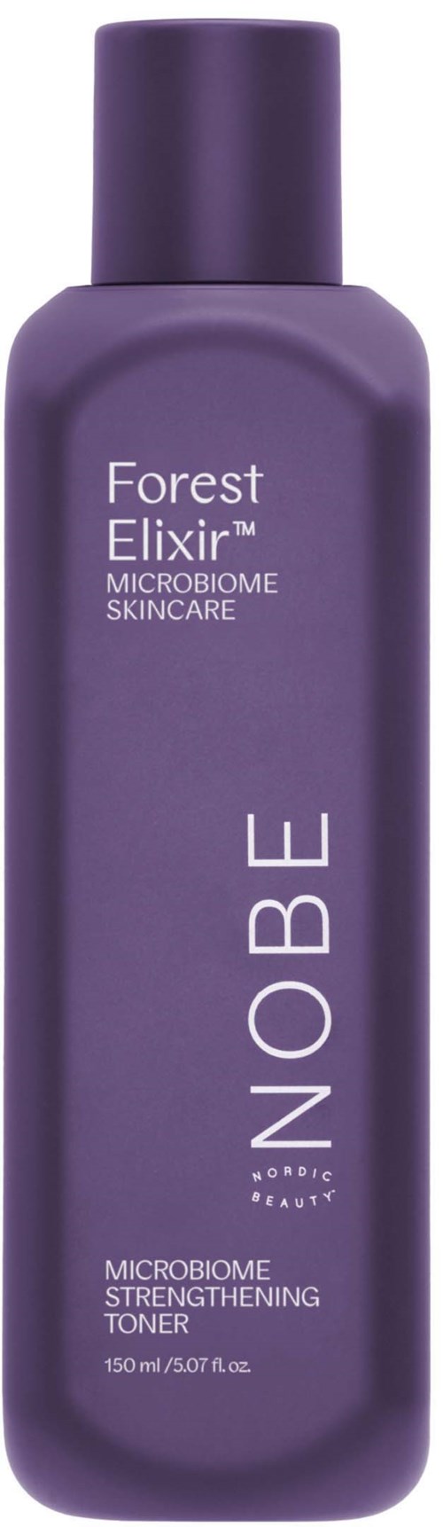 Lila flaska med toner märkt 'NOBLE' med text om mikrobiom hudvård och skogselixir.