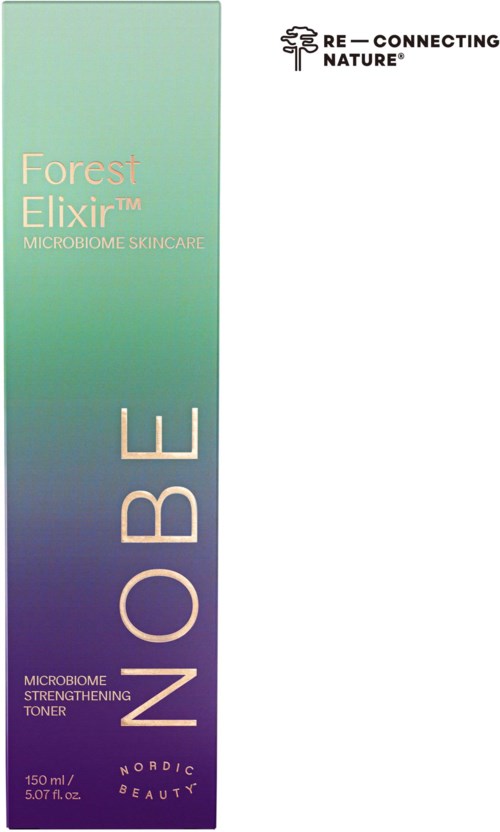 En förpackning av Forest Elixir microbiom hudvårdstoner från Nordic Beauty, betonar stärkande fördelar för mikrobiomen.